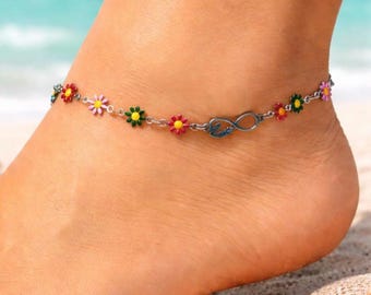 Women's Stainless Steel Anklet with Colorful Flowers – Boho Summer Jewelry, Infinity Love Heart, Beach Jewelry