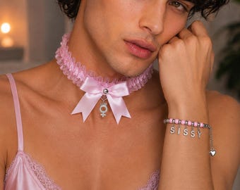 Sissy Jewelry Set – Pink Ruffled Choker with Bow & Mercury Symbol + Sissy Bracelet – Feminine Aesthetic, Handmade Set