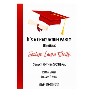 Invitación a fiesta de graduación, invitación digital, descarga inmediata, birrete rojo y diploma, editable