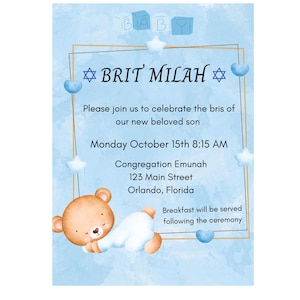 Invito per neonato Bris, invito digitale Brit Milah, download immediato, elementi personali modificabili