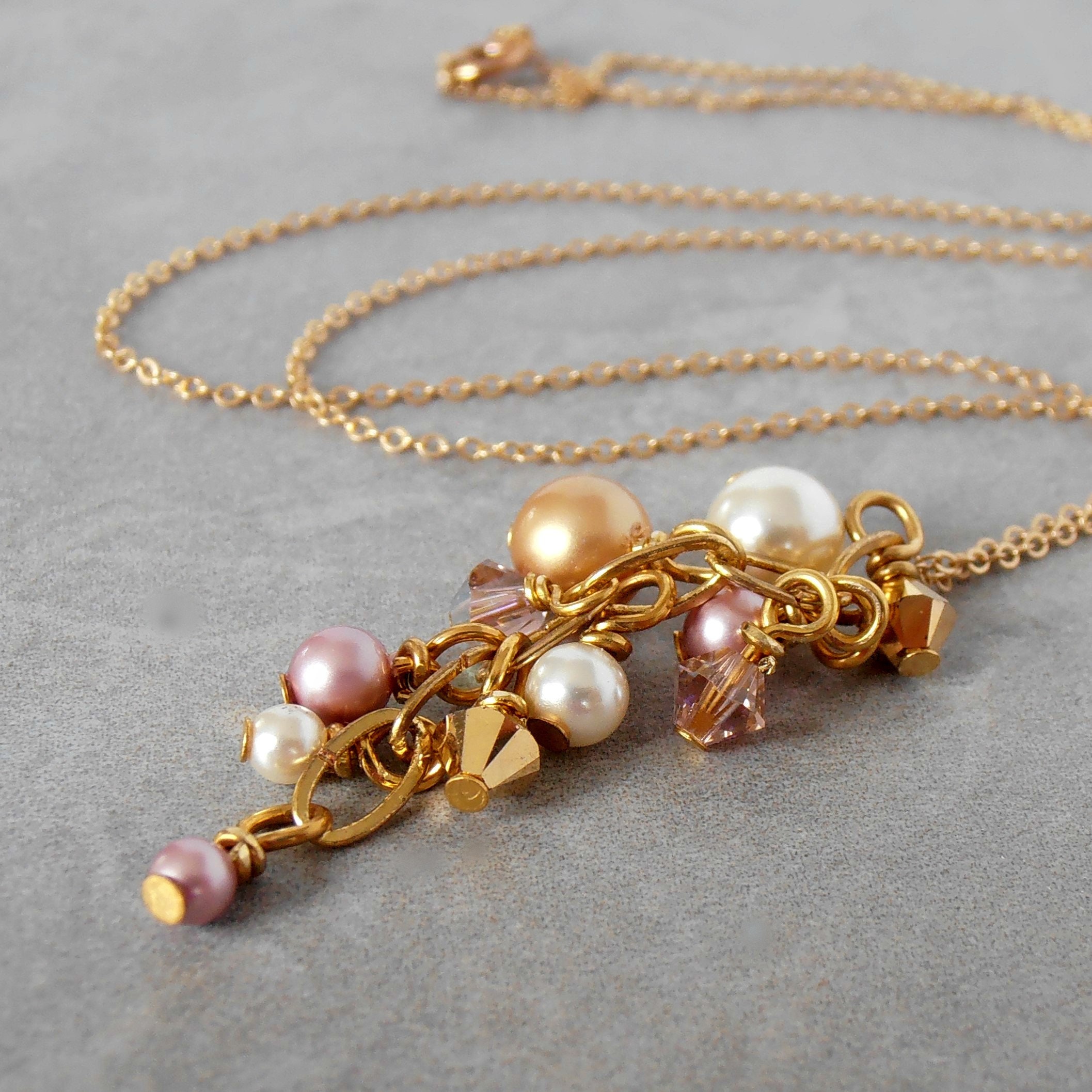 Bridesmaid Jewelry Pink Mauve and White Colored Faux Pearl Necklace with Silver Chain