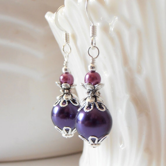 Purple Pearl Earrings Bridesmaid Jewelry Set Pearl Dangles | Etsy