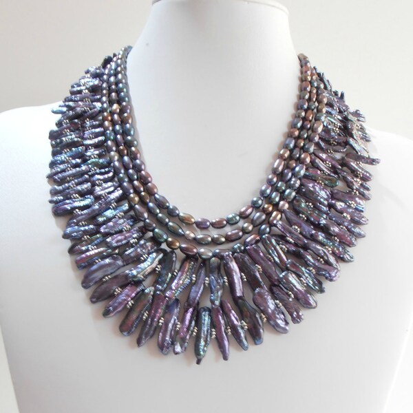 Freshwater Pearl Statement Necklace Biwa Stick Pearl Multistrand Irridescent Black Pearl Statement Jewelry
