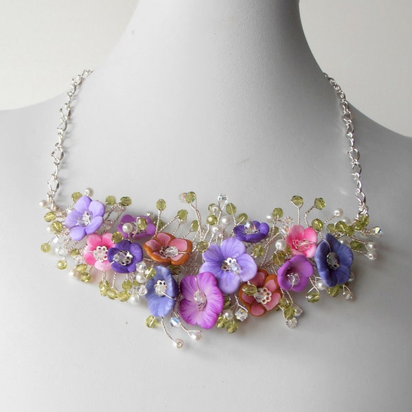 Bridal Jewelry Flower Necklace Pink and Purple Beaded Wire Necklace Mother of the Bride Bead Jewelry Twisted Wire Handmade