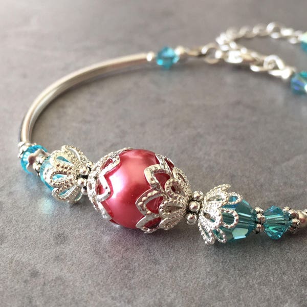 Coral Pearl and Turquoise Crystal Bracelet, Swarovski Crystals with Silver Filigree and Faux Pearls, Beaded Bracelet