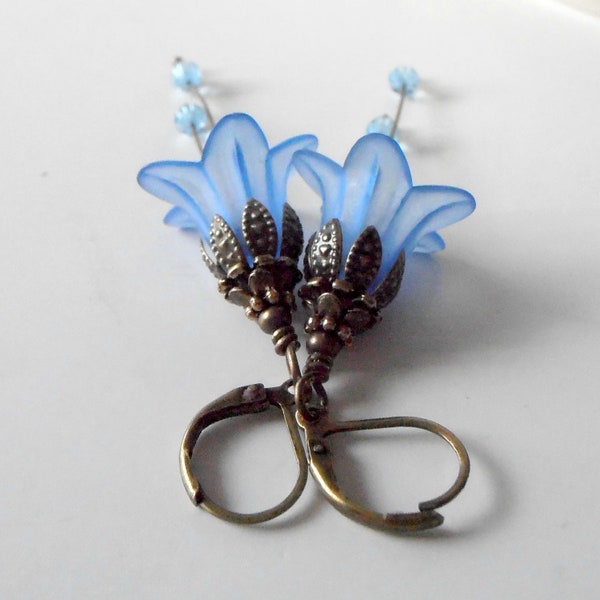 Blue Earrings, Flower Earrings, Blue Flower Dangles, Blue Bridesmaids Jewelry, Antiqued Style Jewelry, Beaded Earrings, Blue Wedding Jewelry