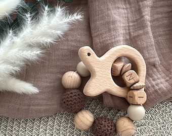 Personalisierter Holzring mit gehäkelten Perlen | Name nach Wunsch | Tiermotiv wählbar | handgemachte Dekoration