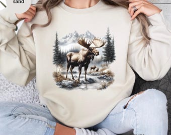 Retro Bull Moose Sweatshirt: Vintage Wildlife Mountain Scene Pullover