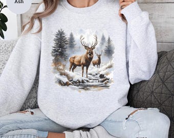 Sudadera retro con escena de ciervos en la naturaleza: estilo vintage de los 90