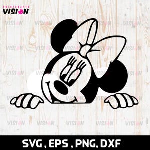 Op de afbeelding: Zwart-witte silhouet van een cartoonmuis met een grote strik die over een wit oppervlak kijkt. De muis heeft grote oren, een grote neus en een brede glimlach.