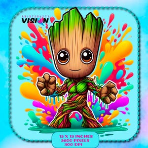 Pode incluir: Uma ilustração digital de um personagem de desenho animado verde, marrom e vermelho, Groot, da franquia de filmes Guardiões da Galáxia. O personagem está em pé em um fundo colorido de respingos de tinta. A imagem é de 13 x 13 polegadas, 3600 pixels e 300 DPI.