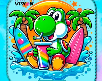 マリオとヨッシーの水彩画 PNG：虹色のゲームクリップアート（デジタル