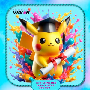 2 PNG Pikachu Diploma Acuarela Salpicaduras, Imágenes Prediseñada, Gráficos y Ilustraciones, Estética Arcoíris, PNG Lindas Imágenes de Graduación de Pokémon