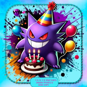 May include: A purple and black cartoon character with a mischievous grin, wearing a rainbow party hat and holding a chocolate cake with three lit candles. The background is a colorful abstract design with blue, orange, yellow, and red splatters.