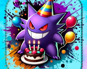 May include: A purple and black cartoon character with a mischievous grin, wearing a rainbow party hat and holding a chocolate cake with three lit candles. The background is a colorful abstract design with blue, orange, yellow, and red splatters.