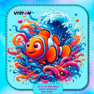 Può includere: Un'illustrazione digitale colorata di un pesce pagliaccio che nuota in un'onda con coralli e bolle. L'immagine è di 13 x 13 pollici, 3600 pixel e 300 DPI.