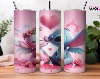 Stitch and Angel Tumbler Wrap, Heart Design, 20 Oz PNG (Digital Download)