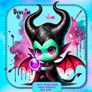 May include: A cartoon illustration of Maleficent from Disney's Sleeping Beauty. She is depicted as a green-skinned, chibi-style character with large eyes, black horns, and red wings. She is holding a purple orb in her hand. The background is a blue and pink watercolor wash.