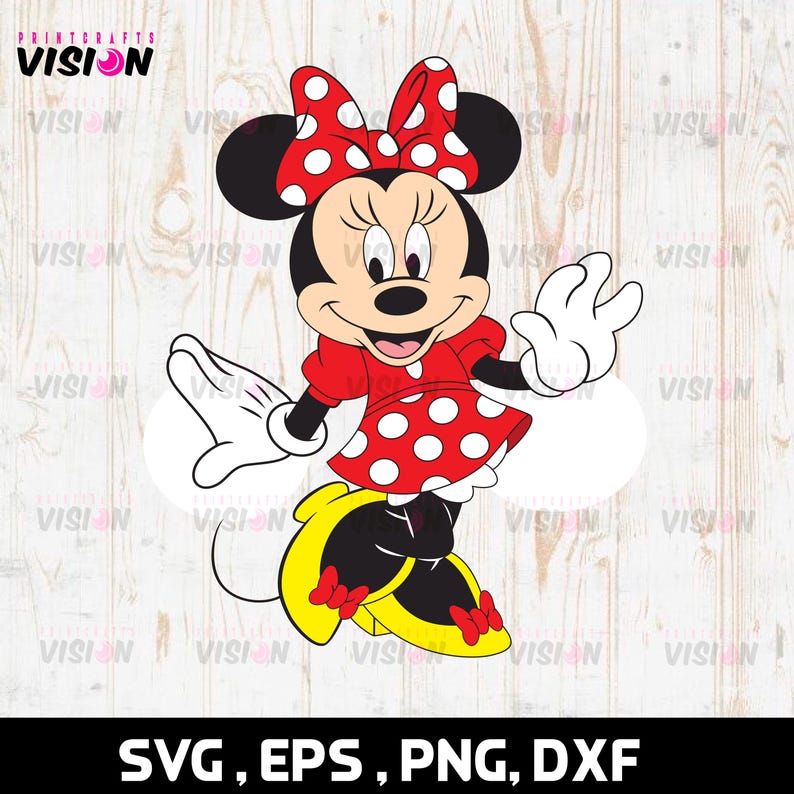 May include: A red and white polka dot dress with a red bow on top of the head. The character has large black eyes, a black nose, and a big smile. The character is standing with one hand raised and the other hand outstretched.
