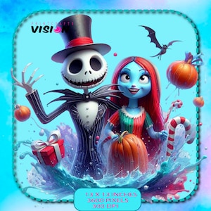 Jack and Sally Holidays Watercolor Splash, Clipart Images, Graphics and Artwork, Rainbow Aesthetic, PNG Christmas Nightmare Images