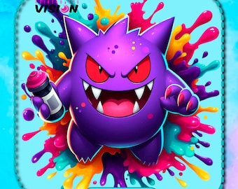 May include: A purple cartoon monster with red eyes and sharp teeth holding a spray can. The monster is surrounded by colorful paint splatters on a light blue background. The image includes the text "13 x 13 inches, 3600 pixels, 300 DPI".