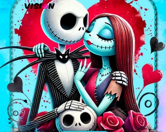 May include: A digital painting of Jack Skellington and Sally from the Nightmare Before Christmas movie. They are embracing and surrounded by red hearts on a blue background. The image is 13 x 13 inches, 3600 pixels, and 300 DPI.