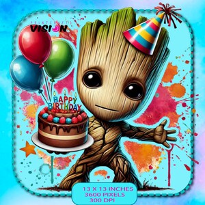 Può includere: Un'illustrazione digitale di un personaggio verde, marrone e rosso che tiene una torta di compleanno con le parole "Buon compleanno" su di essa. Il personaggio indossa un cappello da festa e ci sono palloncini sullo sfondo.