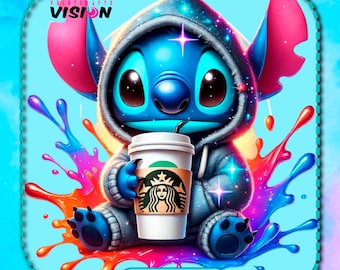 Imágenes prediseñadas de Stitch Coffee, salpicaduras de acuarela, estética arcoíris (descarga digital PNG)