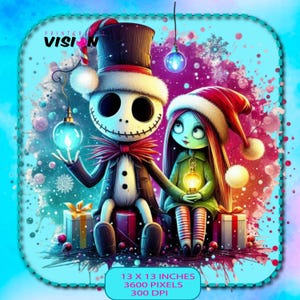 Jack and Sally Christmas Watercolor Splash, Clipart Images, Graphics and Artwork, Rainbow Aesthetic, PNG Christmas Images