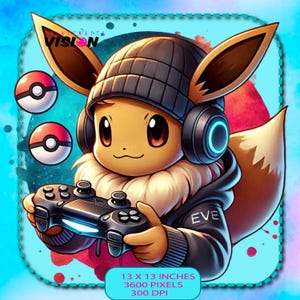 Puede incluir: Un personaje de dibujos animados marrón y tostado que lleva un gorro negro y auriculares, sosteniendo un mando de videojuegos negro. El personaje lleva una chaqueta azul y blanca con la palabra "EVE" en ella. El fondo es azul claro con salpicaduras de pintura roja y blanca.