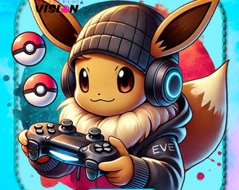 Eevee Gamer Clipart, Watercolor Splash Art (PNG Digital Download)