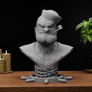 Popeye Bust, Cartoon Character, Sculpture, Bookshelf Decor, Gamer Gift, Headphone Stand, Desktop Gift