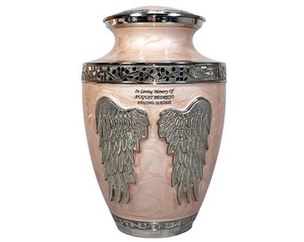 Angel Wings Mother of Pearl Pink Brass Funeral Cremation Urn, Adult Memorial Ash Urn with Personalization and Velvet Bag