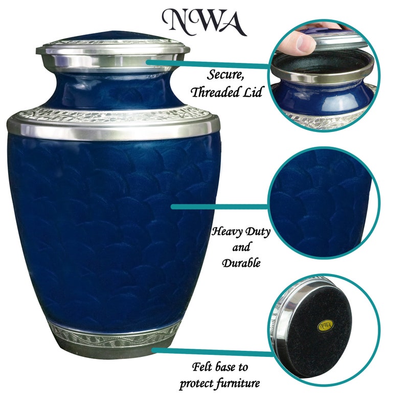 May include: Blue metal cremation urn with a silver lid and base. The urn has a textured design and a felt base to protect furniture. The lid is threaded and secure. "NWA" is written on the top of the image.