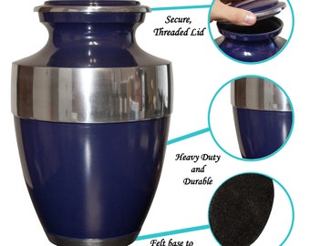 Urna funeraria umana blu di grandi dimensioni personalizzata con ricordo e sacchetto di velluto - Italia