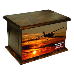 Airplane Sunset Cremation Urn, Wood funeral Urn, Wooden Urn with custom Personalization