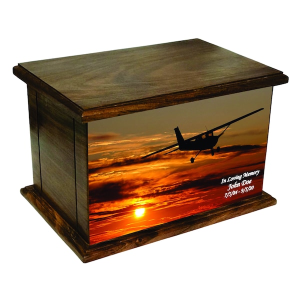 Urne de crémation avion coucher de soleil, urne funéraire en bois, urne en bois avec personnalisation personnalisée