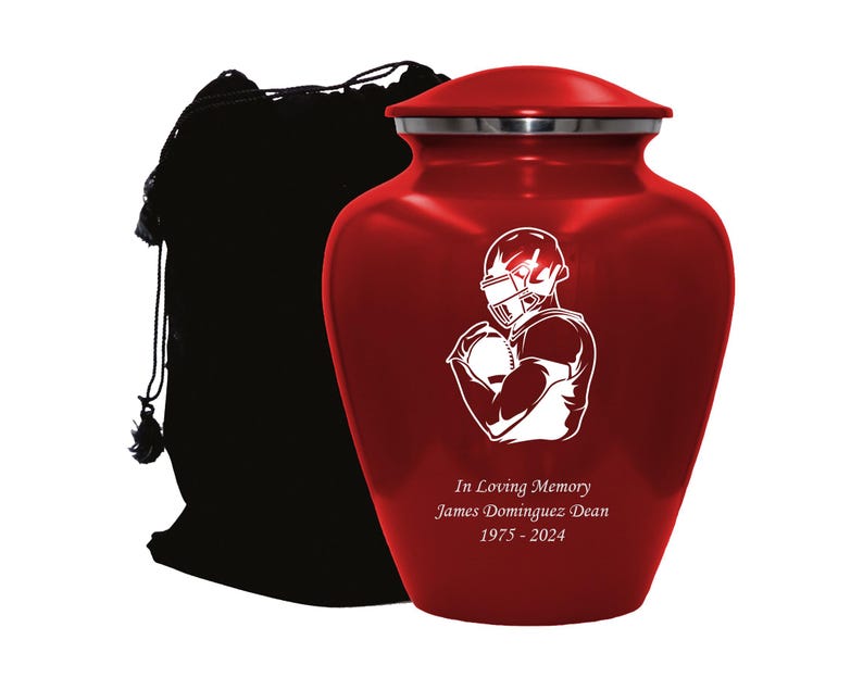 Football Urn, Football Lover's Cremation Urn, Customized Human Adult Funeral Urn For Sports Lovers, Personalization on Multiple Colors Red Style1