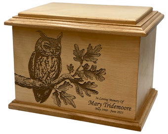 Owl Cremation Urn for Adults, Personalized Wooden Funeral Urn