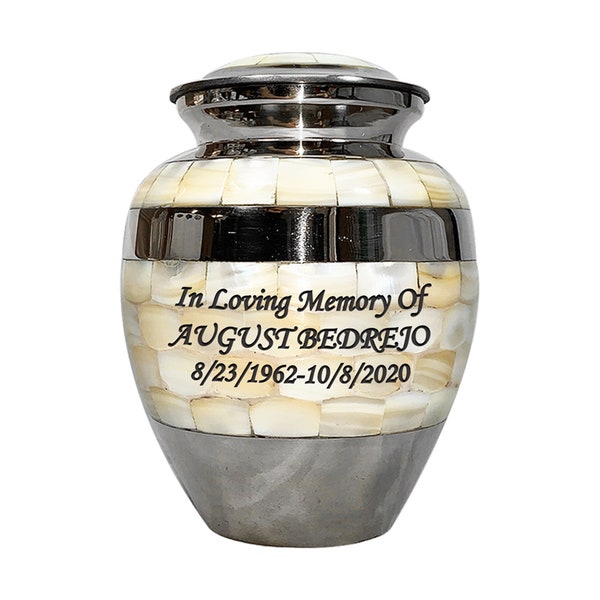 Personalized Cremation urn, Funeral urns, Brass Mother of Pearl Memorial ash Container, Holds 40 pounds