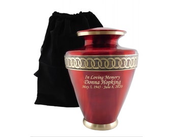 Red Cremation Urn, Brass Adult Memorial Human Ash Urn, Funeral Urn with Personalization