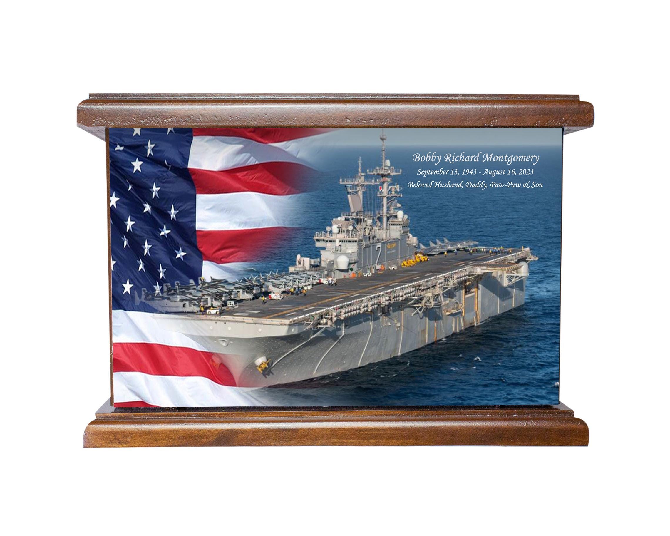 American Flag and Navy Warship Cremation Urn, US Navy Patriotic Personalized Wooden Cremation URN, United States Navy, The Naval Forces Urn