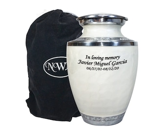 White Cremation Urn, Brass Memorial Ash Urns with Custom Engraving and Velvet Bag