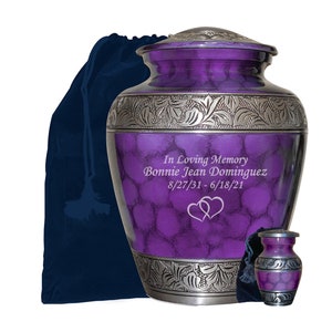 Purple Cremation Urn with Keepsake and Velvet Bag, Adult Size Purple Human Funeral Urn