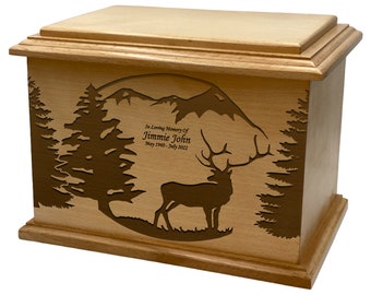 Hunter's Cremation Urn, Adult Size Wooden Funeral Urn, Personalized Urn, Elk, Deer Hunting Wooden Urn with Engraving