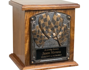 Car Racing Funeral Cremation Wood Urn, Adult Memorial Wooden Urn W/Personalized Engraving