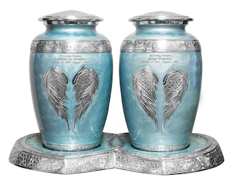 Blue and Nickel Angel Wings Companion Cremation Urns for Human Ashes, Funeral Cremation Double Urns for Adults