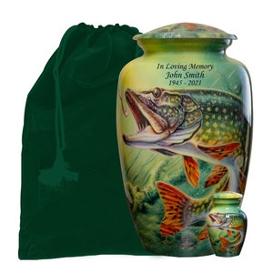 Personalized Large Funeral Urn, Bass Fish Urn, Fishing Cremation Urn with Velvet Bag