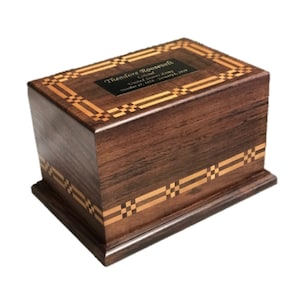 Wooden Adult Size Human Funeral Cremation Urn with Wooden Joint Inlay and Personalized Plaque