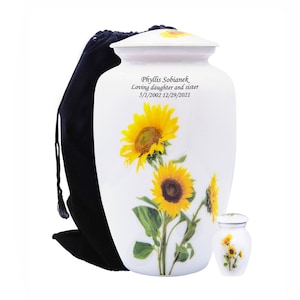 Urna funerária personalizada com girassol e bolsa de veludo - Vários tamanhos